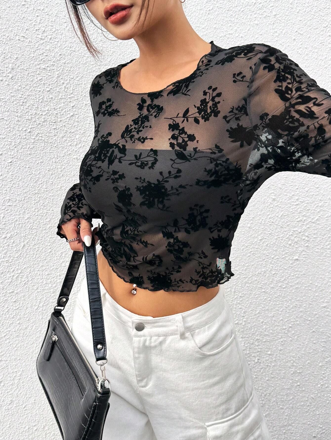 Women's Black Sexy Mesh Crew Neck Long Sleeve T-Shirt Top - Image 6