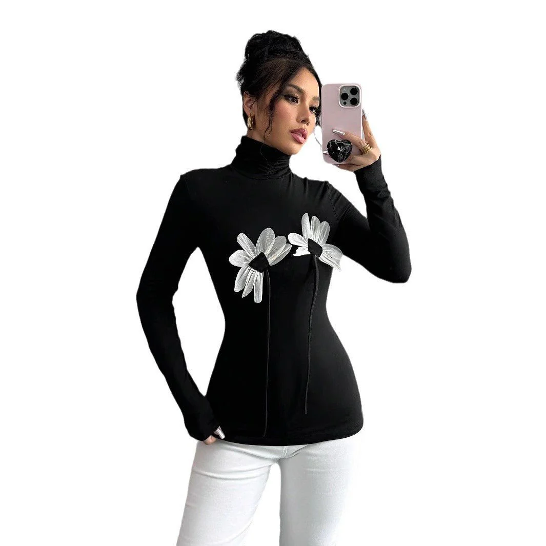 Women's black sexy turtleneck flower applique long-sleeved slim T-shirt - Image 5