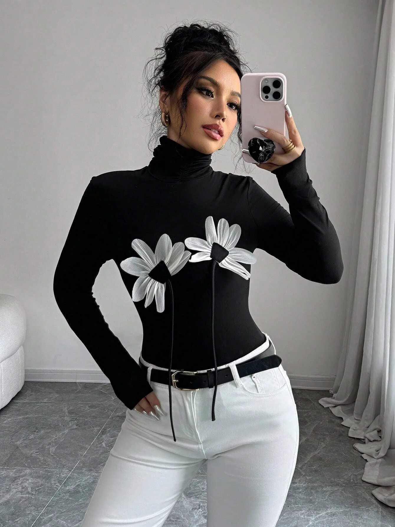 Women's black sexy turtleneck flower applique long-sleeved slim T-shirt - Image 6