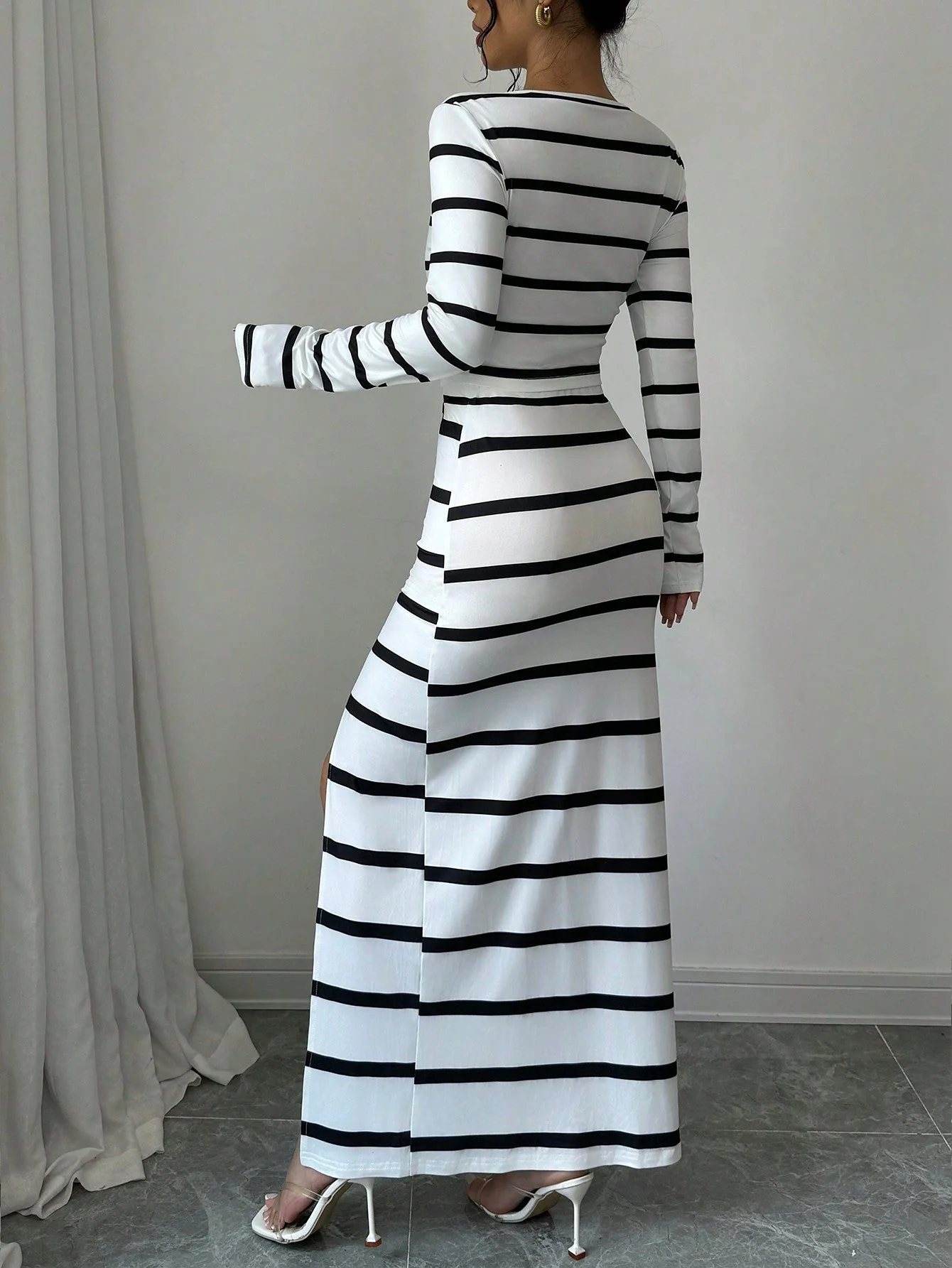 Women's Black & White Striped Casual Fitted Long Sleeve Top And Slit Pencil Skirt 2 Piece Set - Image 3