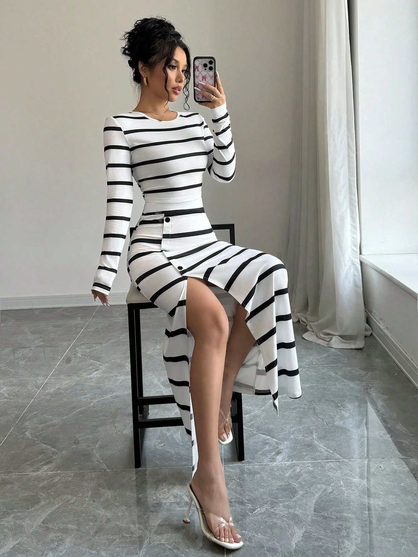 Women's Black & White Striped Casual Fitted Long Sleeve Top And Slit Pencil Skirt 2 Piece Set - Image 6