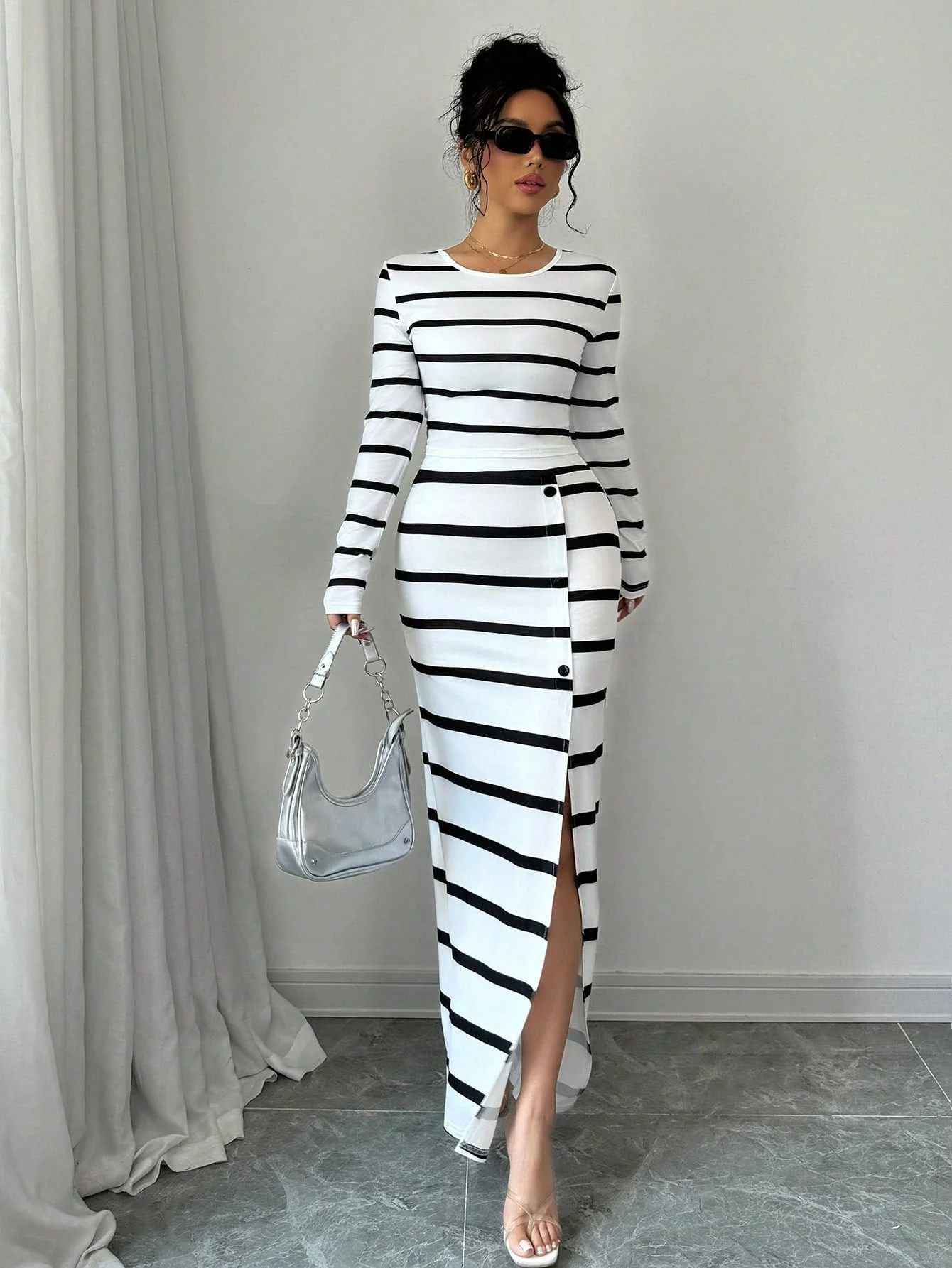 Women's Black & White Striped Casual Fitted Long Sleeve Top And Slit Pencil Skirt 2 Piece Set - Image 7