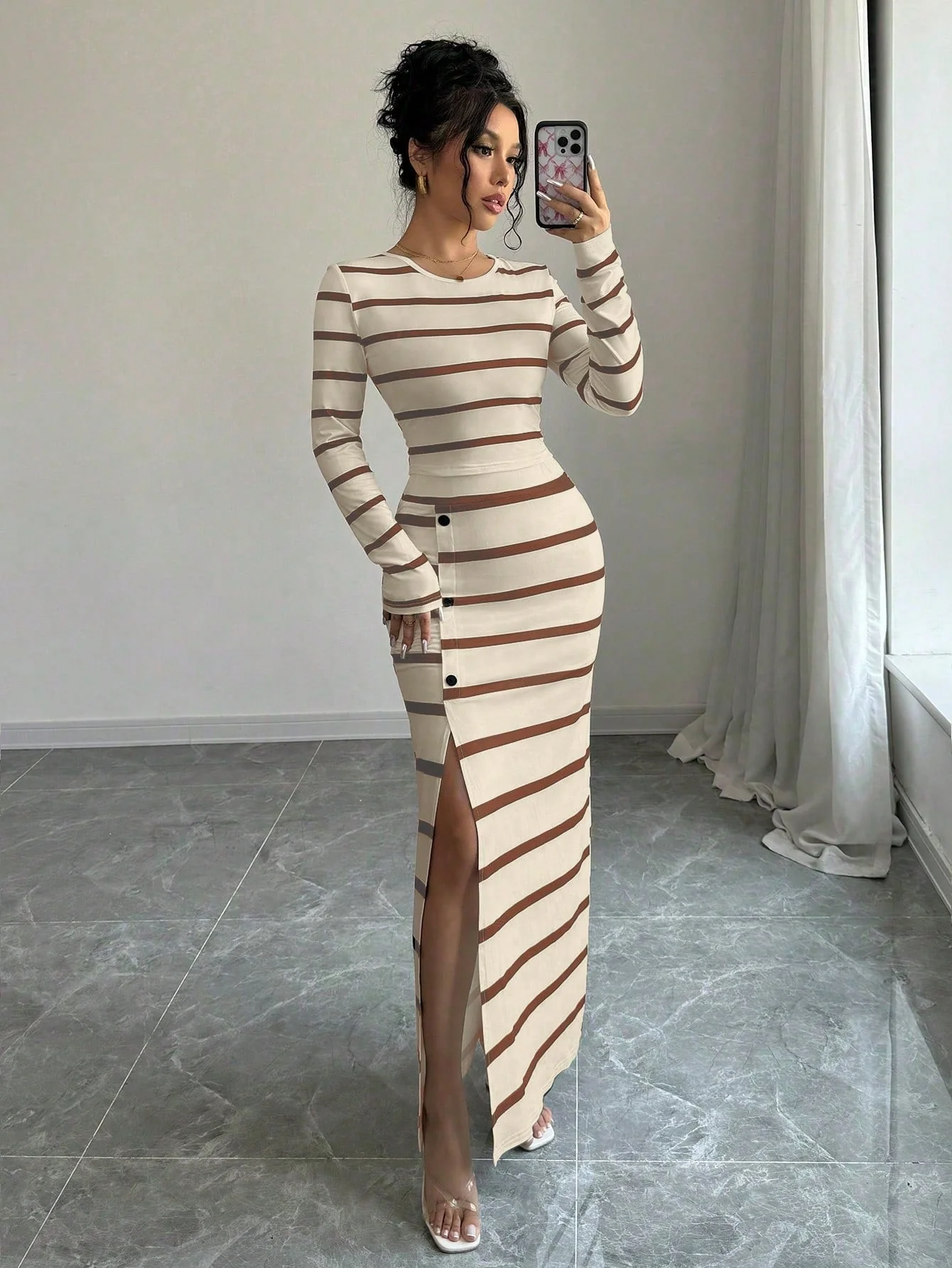 Women's Black & White Striped Casual Fitted Long Sleeve Top And Slit Pencil Skirt 2 Piece Set - Image 8