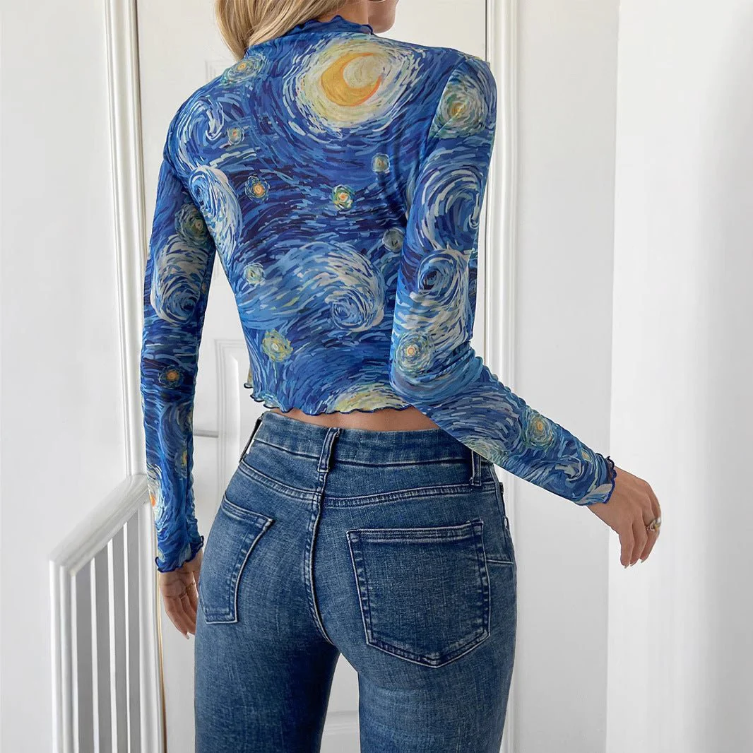 Women's blue printed small stand-up collar starry sky mesh short T-shirt top - Image 2