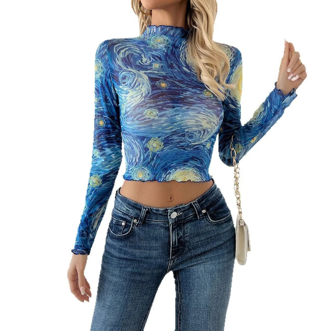 Women's blue printed small stand-up collar starry sky mesh short T-shirt top - Image 5