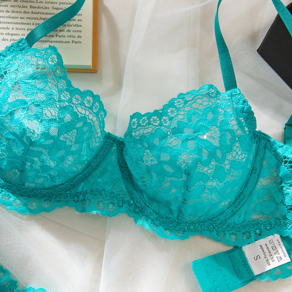 Women's bra set lace hollow breathable steel ring gathered underwear set FD - Image 27