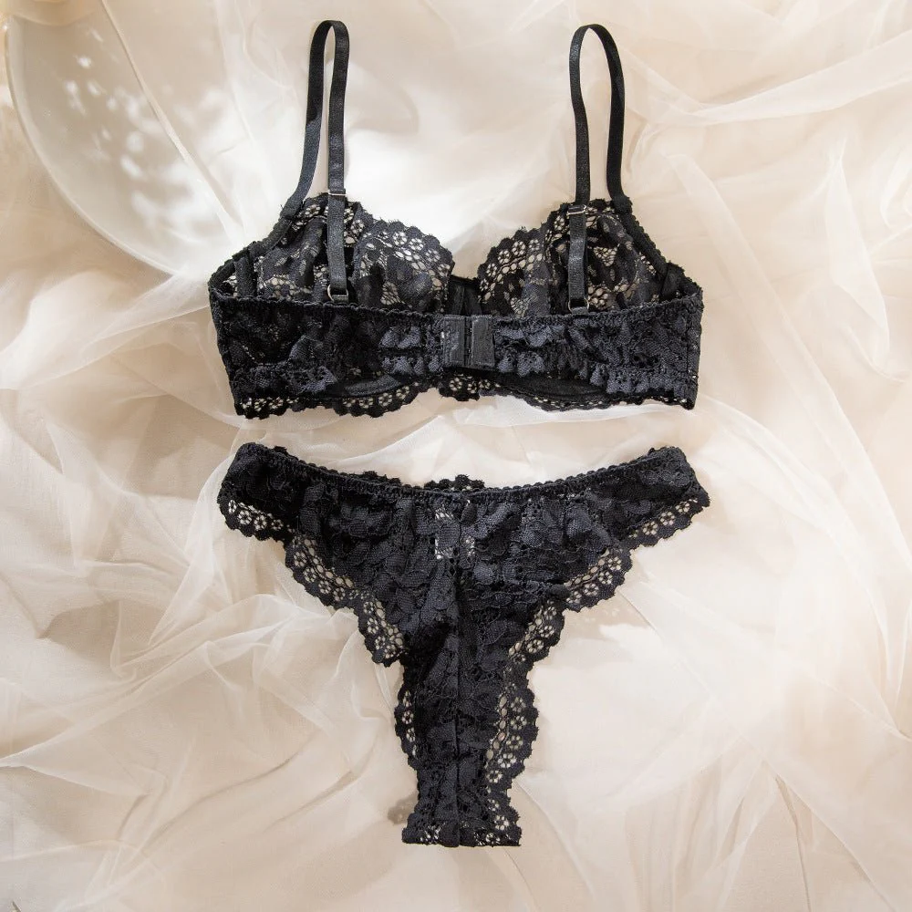 Women's bra set lace hollow breathable steel ring gathered underwear set FD - Image 34
