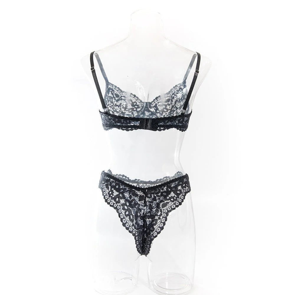 Women's bra set lace hollow breathable steel ring gathered underwear set FD - Image 37