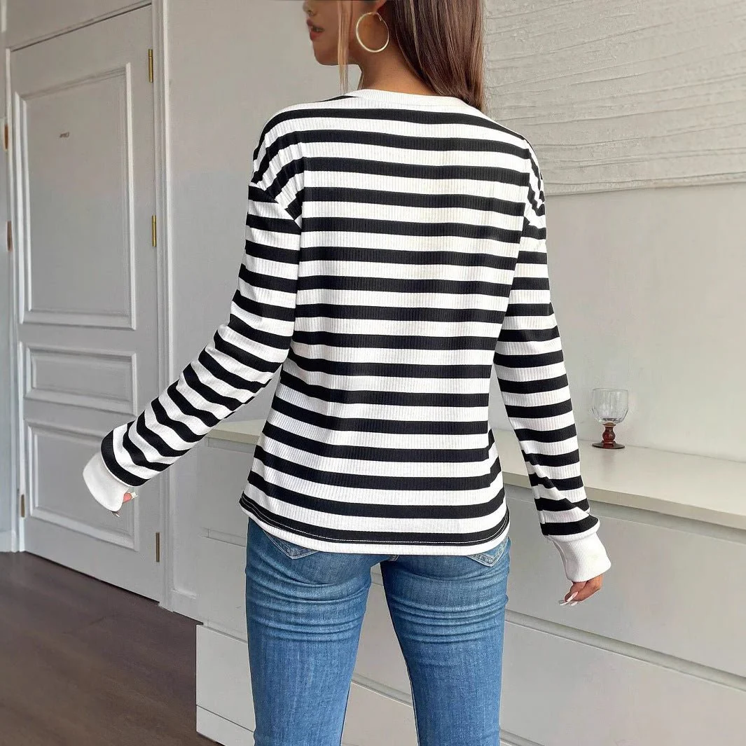 Women's casual long-sleeved crew neck striped flower sweatshirt T-shirt top - Image 2
