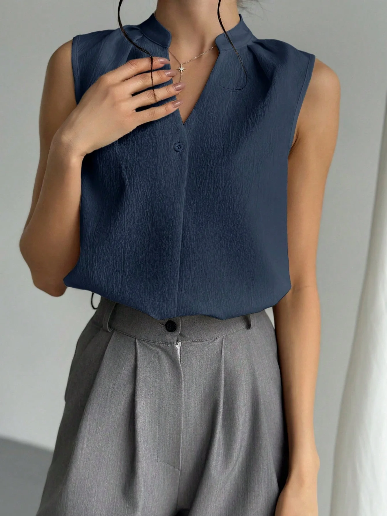 Women's Chic & Elegant Office Wear V-Neck Blouse With Simple Design And Feminine Details,Sleeveless Tops - Image 11