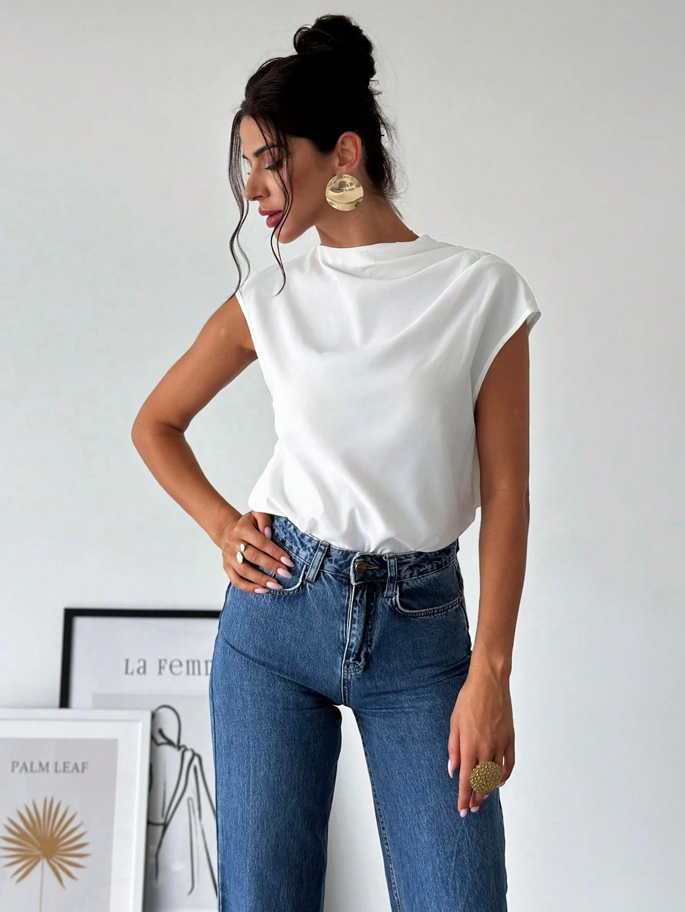 Women's Chic Elegant Simple Office Commuter Stand Collar Asymmetric Shoulder Pleat Capped Sleeve Fitted Blouse