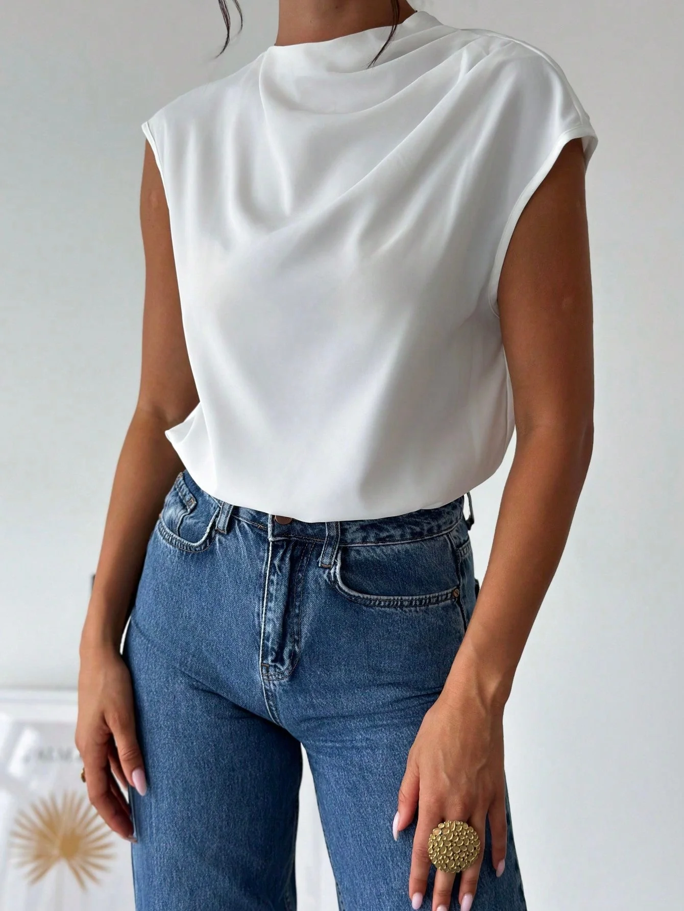 Women's Chic Elegant Simple Office Commuter Stand Collar Asymmetric Shoulder Pleat Capped Sleeve Fitted Blouse - Image 10