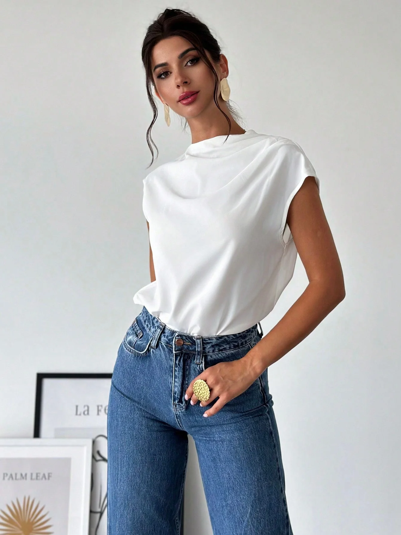 Women's Chic Elegant Simple Office Commuter Stand Collar Asymmetric Shoulder Pleat Capped Sleeve Fitted Blouse - Image 12