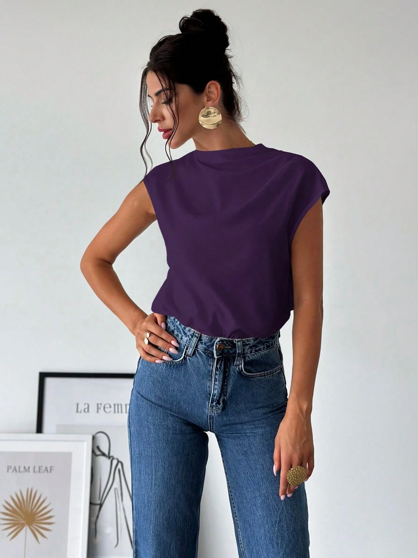 Women's Chic Elegant Simple Office Commuter Stand Collar Asymmetric Shoulder Pleat Capped Sleeve Fitted Blouse - Image 16