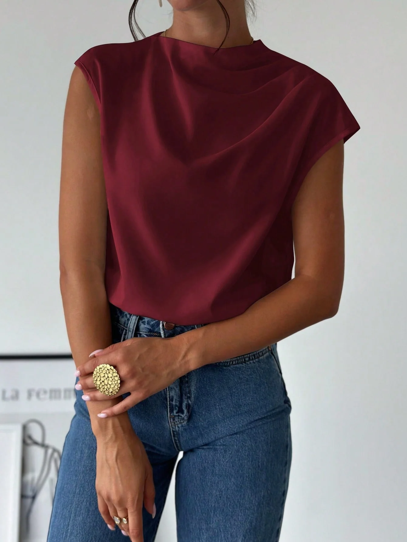Women's Chic Elegant Simple Office Commuter Stand Collar Asymmetric Shoulder Pleat Capped Sleeve Fitted Blouse - Image 2