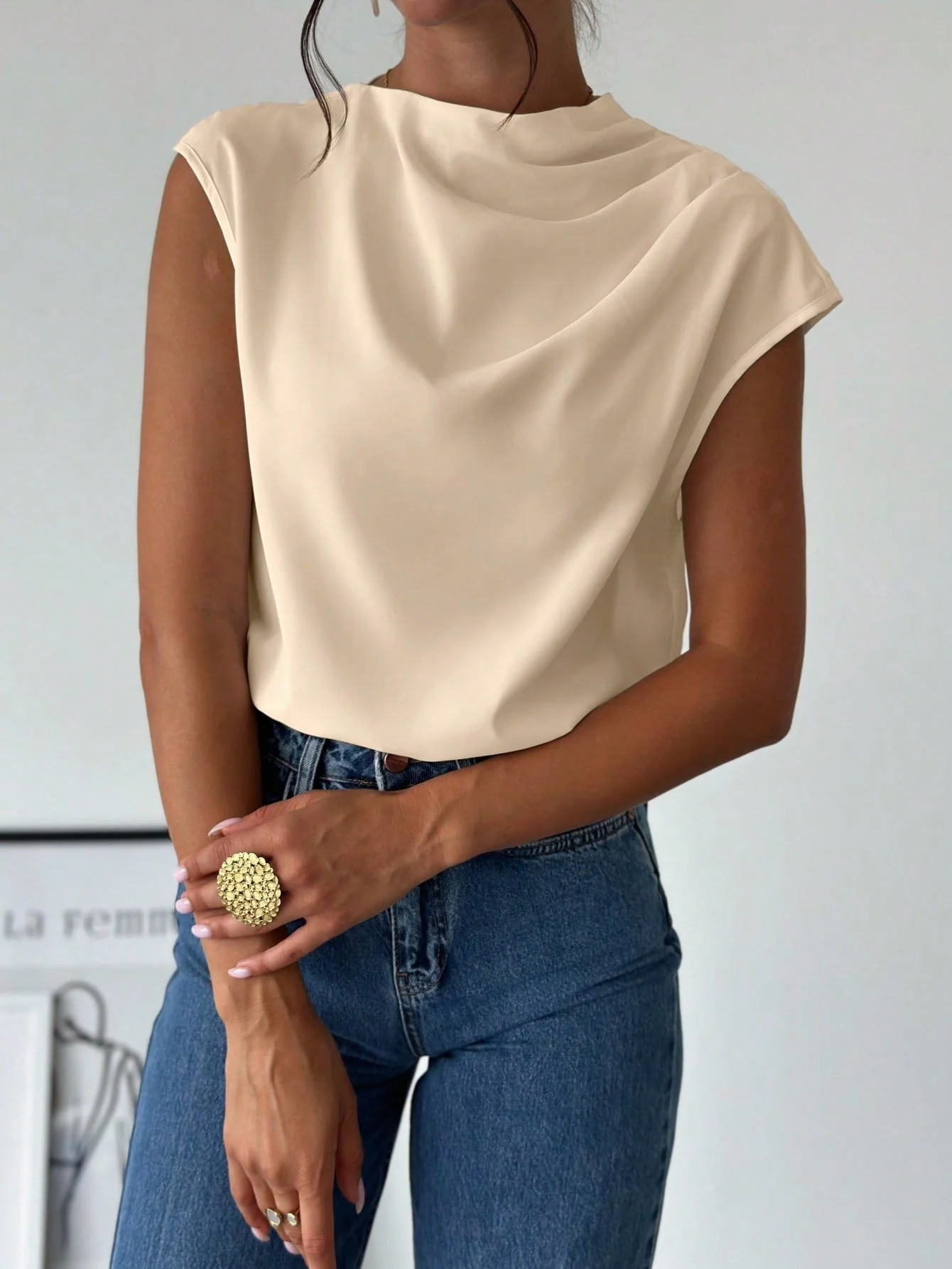 Women's Chic Elegant Simple Office Commuter Stand Collar Asymmetric Shoulder Pleat Capped Sleeve Fitted Blouse - Image 3