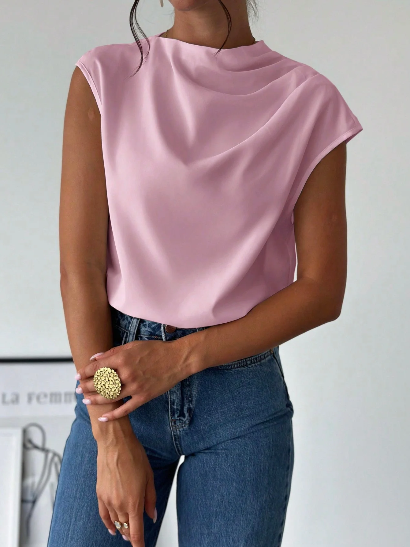 Women's Chic Elegant Simple Office Commuter Stand Collar Asymmetric Shoulder Pleat Capped Sleeve Fitted Blouse - Image 5