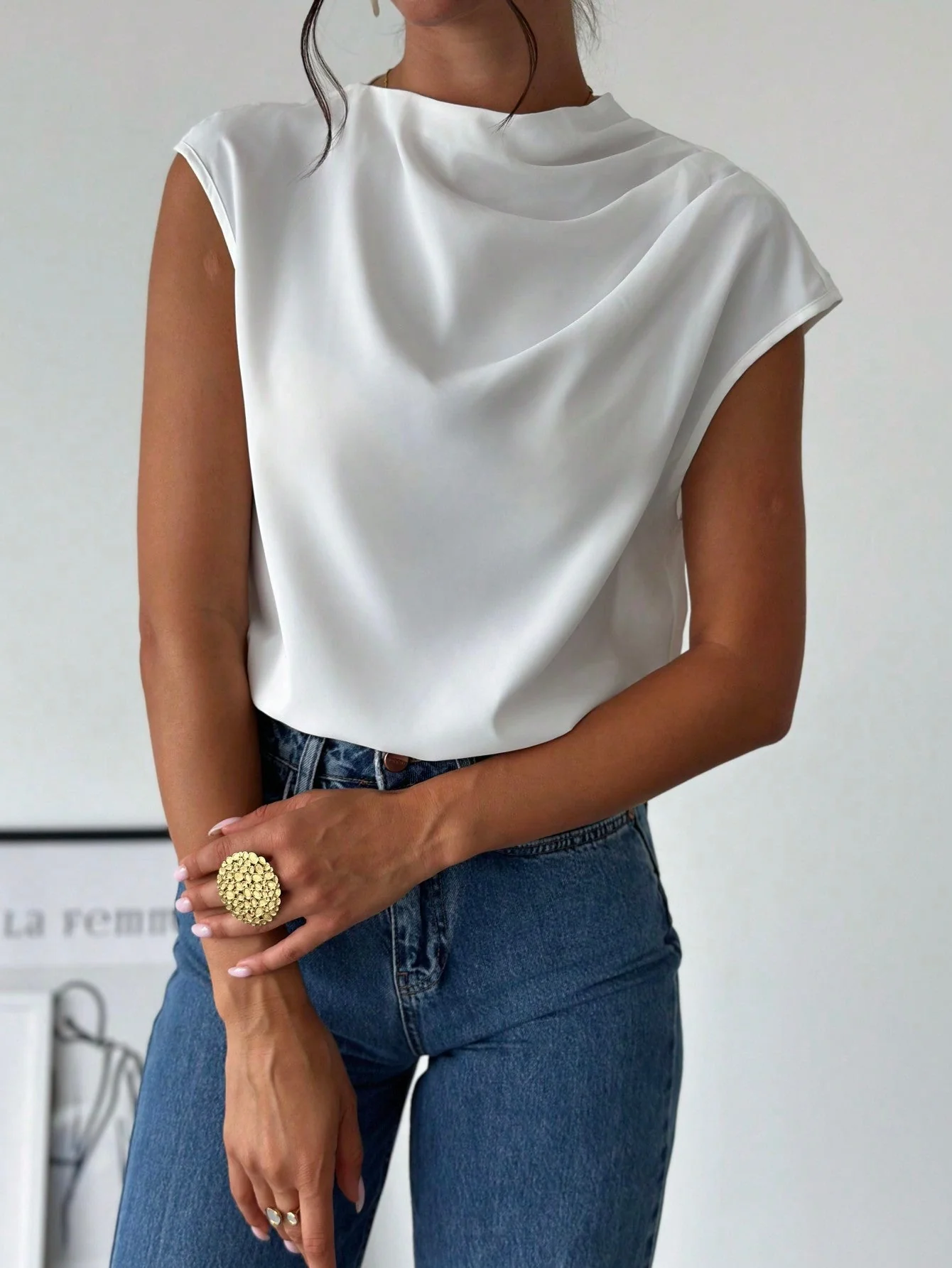 Women's Chic Elegant Simple Office Commuter Stand Collar Asymmetric Shoulder Pleat Capped Sleeve Fitted Blouse - Image 7