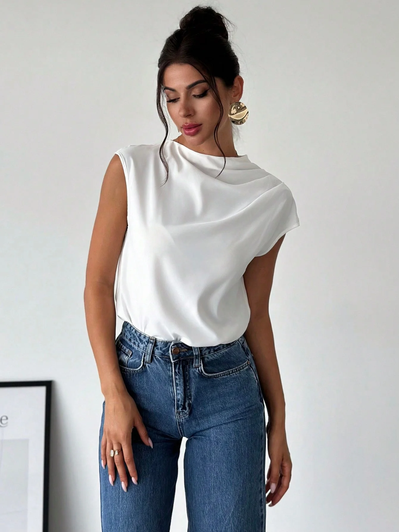 Women's Chic Elegant Simple Office Commuter Stand Collar Asymmetric Shoulder Pleat Capped Sleeve Fitted Blouse - Image 8