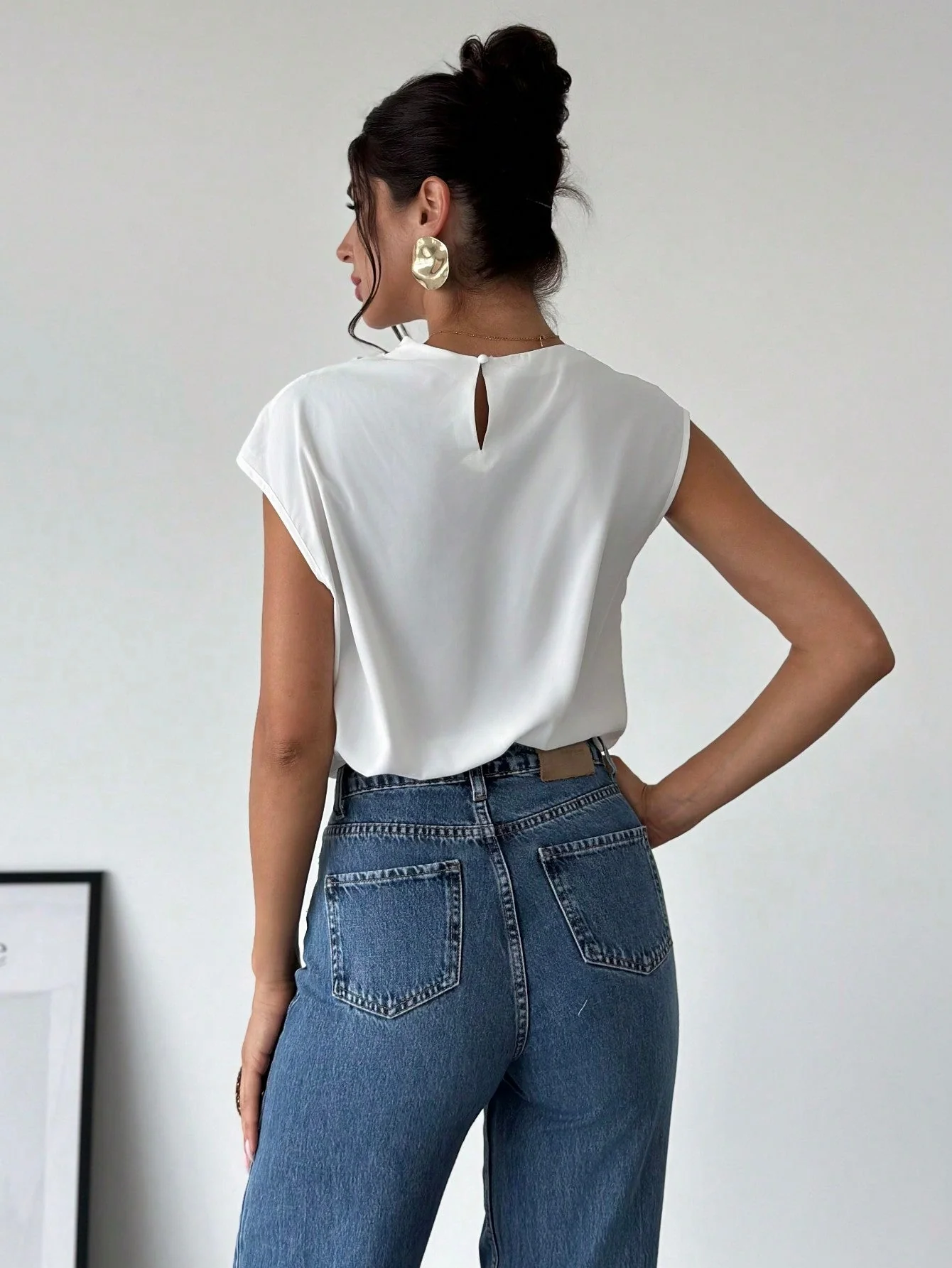 Women's Chic Elegant Simple Office Commuter Stand Collar Asymmetric Shoulder Pleat Capped Sleeve Fitted Blouse - Image 9