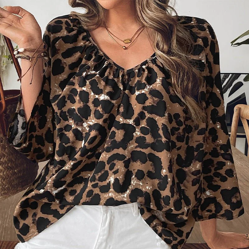 women's clothing 2025 spring and summer fashion and shirt leopard print half-sleeved V-neck shirt pullover top - Image 3