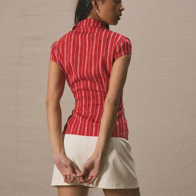 Women's clothing 2025 summer and temperament slim shirt striped short-sleeved women's Shirt - Image 3