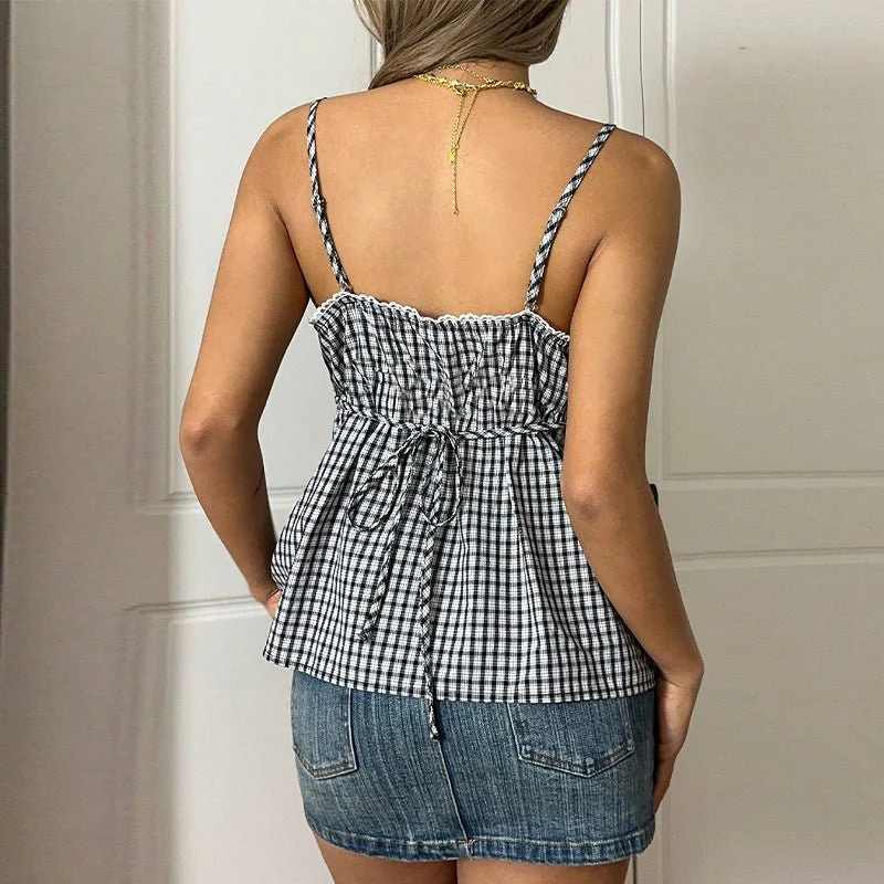 women's clothing 2025 summer new products and BM style suspenders plaid sexy lace-up tops - Image 4