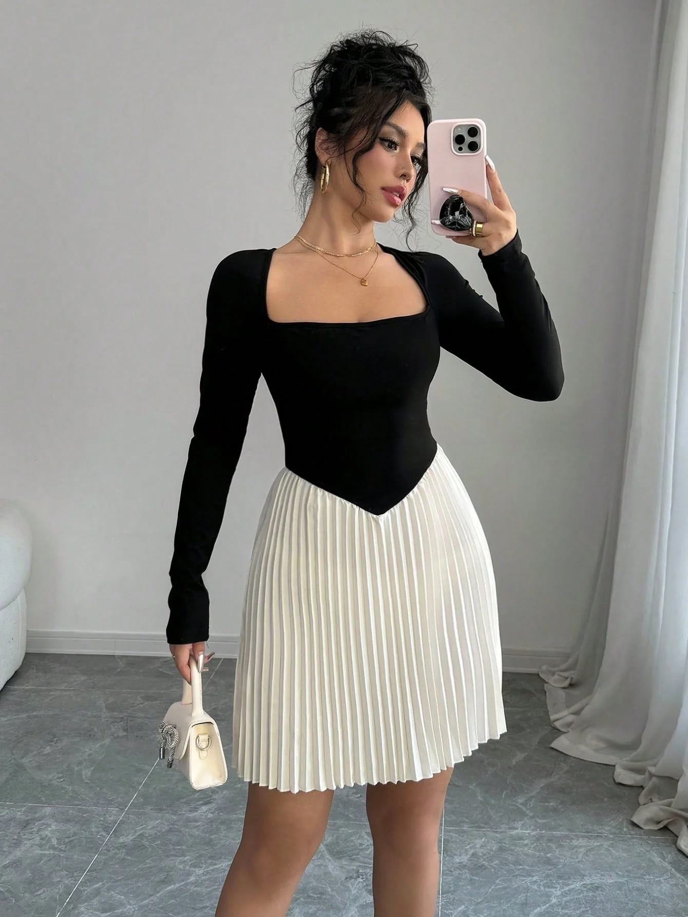 Women's Contrast-Color Swan Neck Long Sleeve Pleated Hem Elegant Short Dress FD - Image 10
