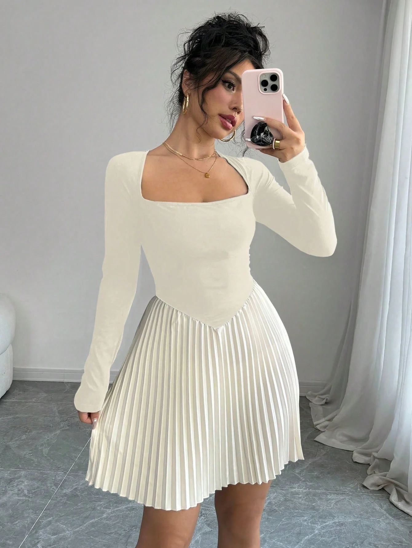 Women's Contrast-Color Swan Neck Long Sleeve Pleated Hem Elegant Short Dress FD - Image 3