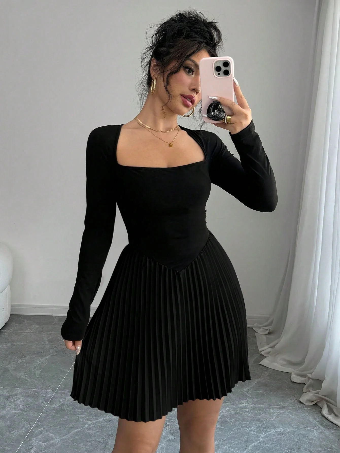 Women's Contrast-Color Swan Neck Long Sleeve Pleated Hem Elegant Short Dress FD - Image 5