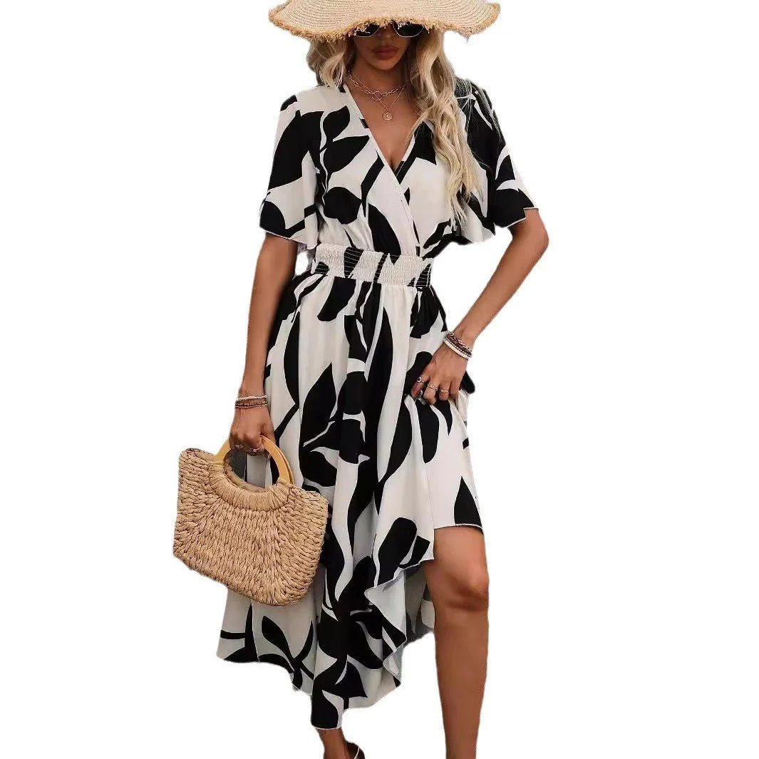 Women's cross-waist-flower printed split-ended dress - Image 5