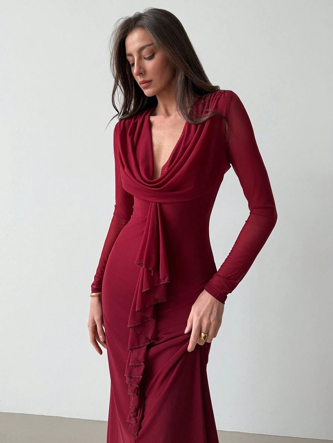 Women's Deep Draped Neck Pendant Ruffle Hem Mesh Dress, Sxy Party Christmas Gown  FD - Image 4