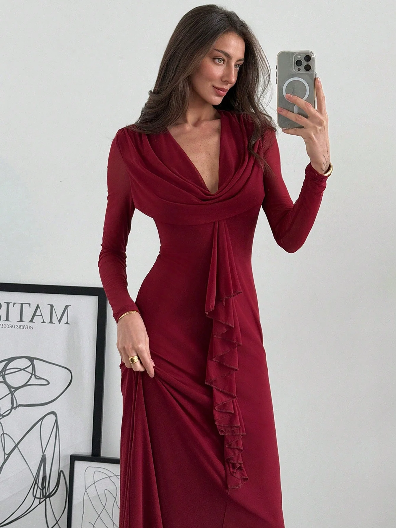 Women's Deep Draped Neck Pendant Ruffle Hem Mesh Dress, Sxy Party Christmas Gown  FD - Image 5