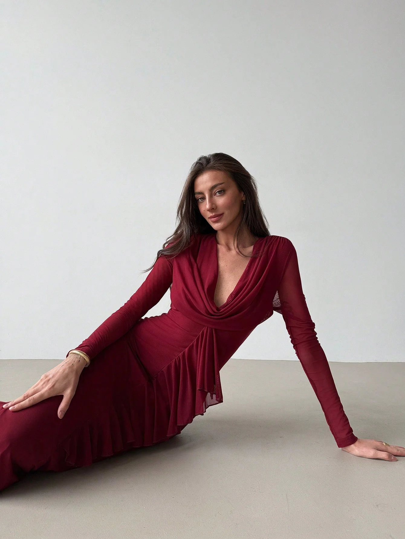 Women's Deep Draped Neck Pendant Ruffle Hem Mesh Dress, Sxy Party Christmas Gown  FD - Image 7
