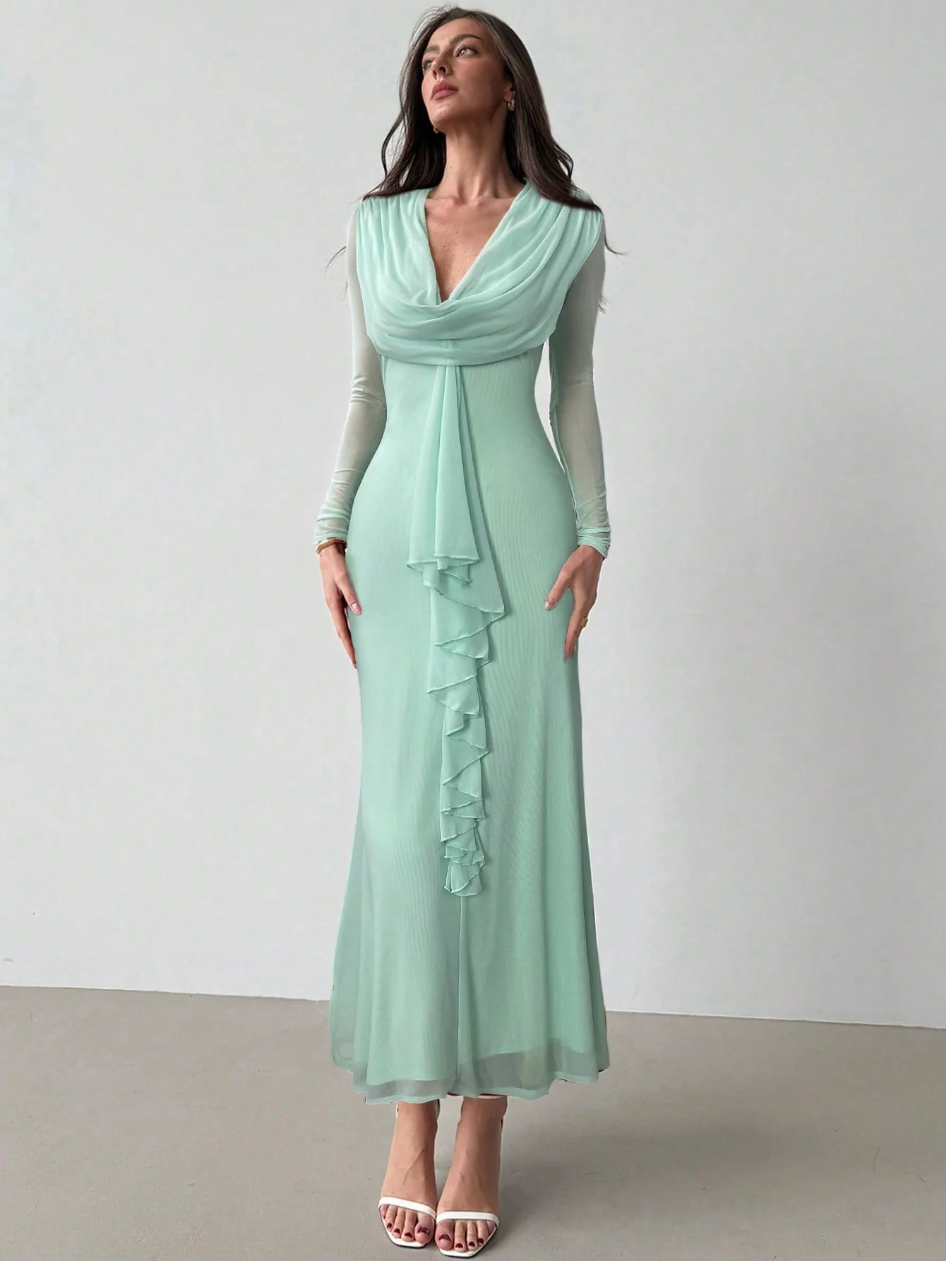Women's Deep Draped Neck Pendant Ruffle Hem Mesh Dress, Sxy Party Christmas Gown  FD - Image 8