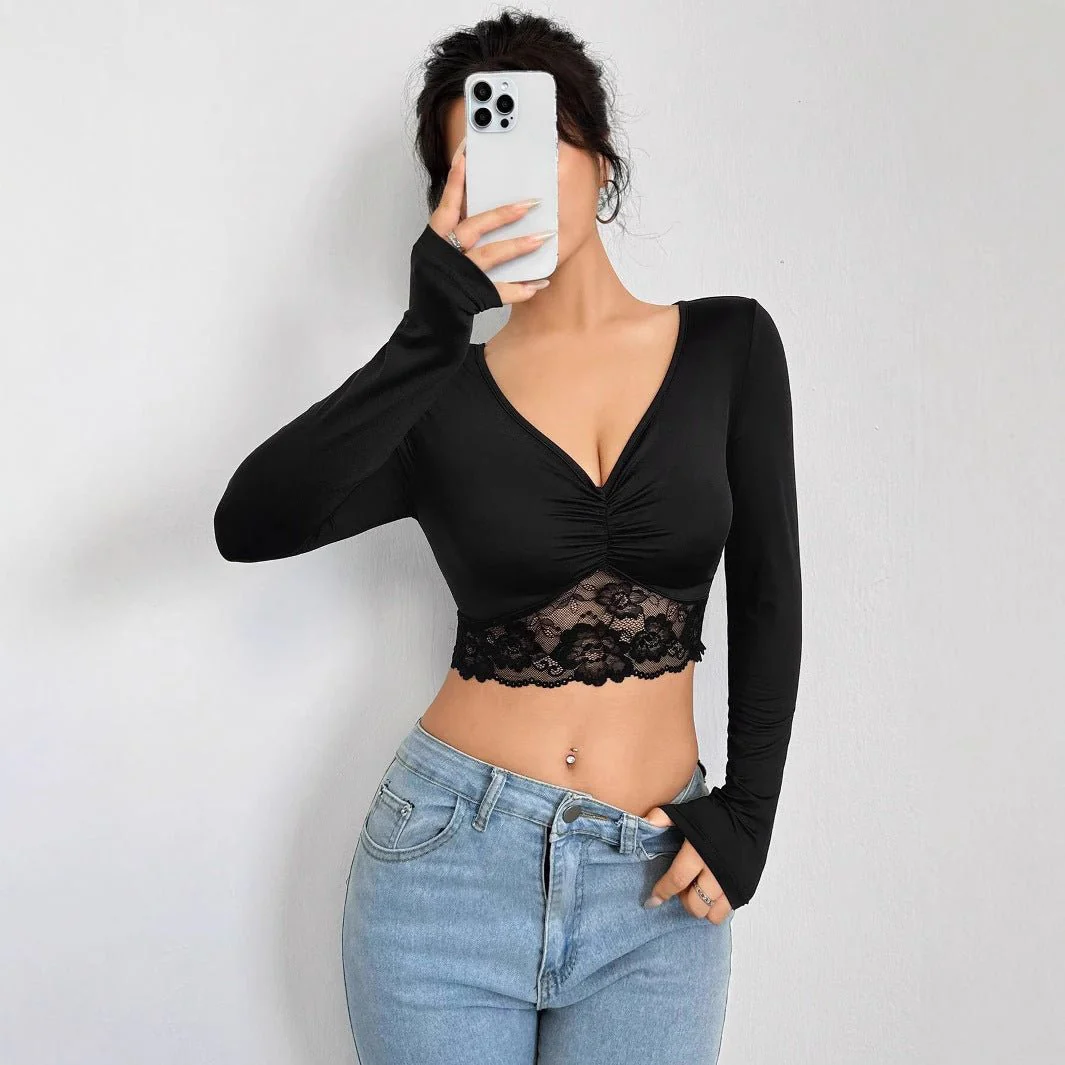 Women's deep V-neck long-sleeved lace patchwork pleated short T-shirt - Image 3