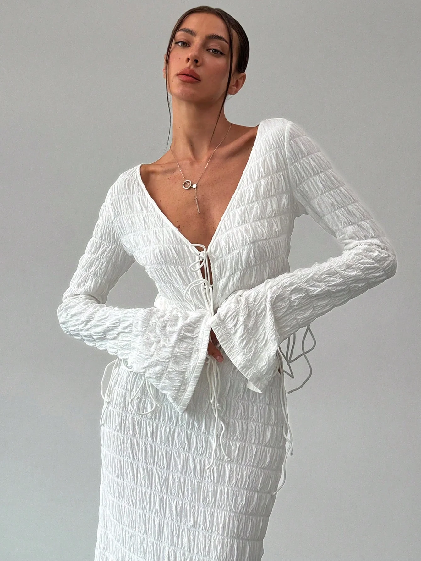 Women's Elegant And Chic V Neck Tie Front Crop Top And Low Rise Low Waist Textured Skirt Two Piece Set Long Sleeve Shirt With Skirt Sets Women Skirt Set Fall Women Skirts Casual Two Piece SetFall Two Piece Sets