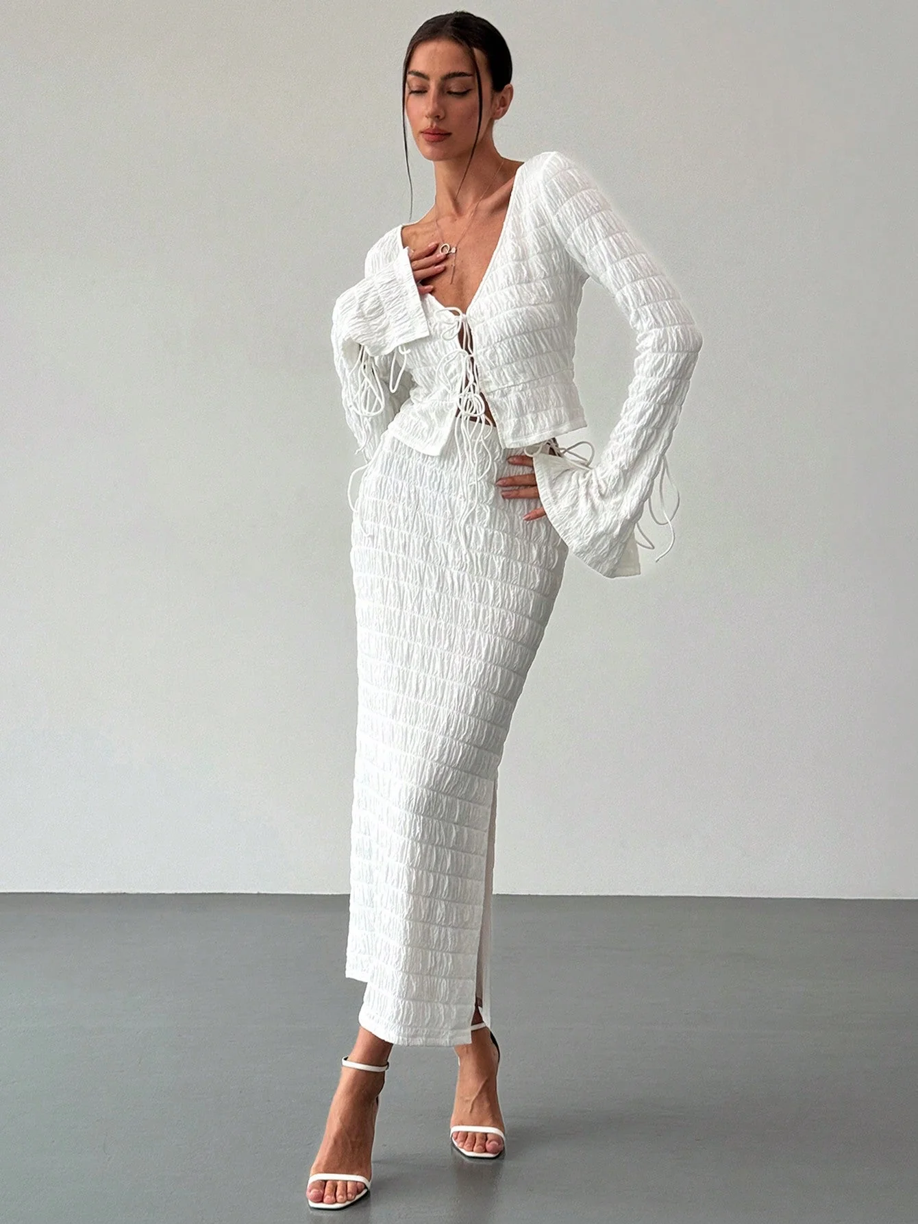 Women's Elegant And Chic V Neck Tie Front Crop Top And Low Rise Low Waist Textured Skirt Two Piece Set Long Sleeve Shirt With Skirt Sets Women Skirt Set Fall Women Skirts Casual Two Piece SetFall Two Piece Sets - Image 10