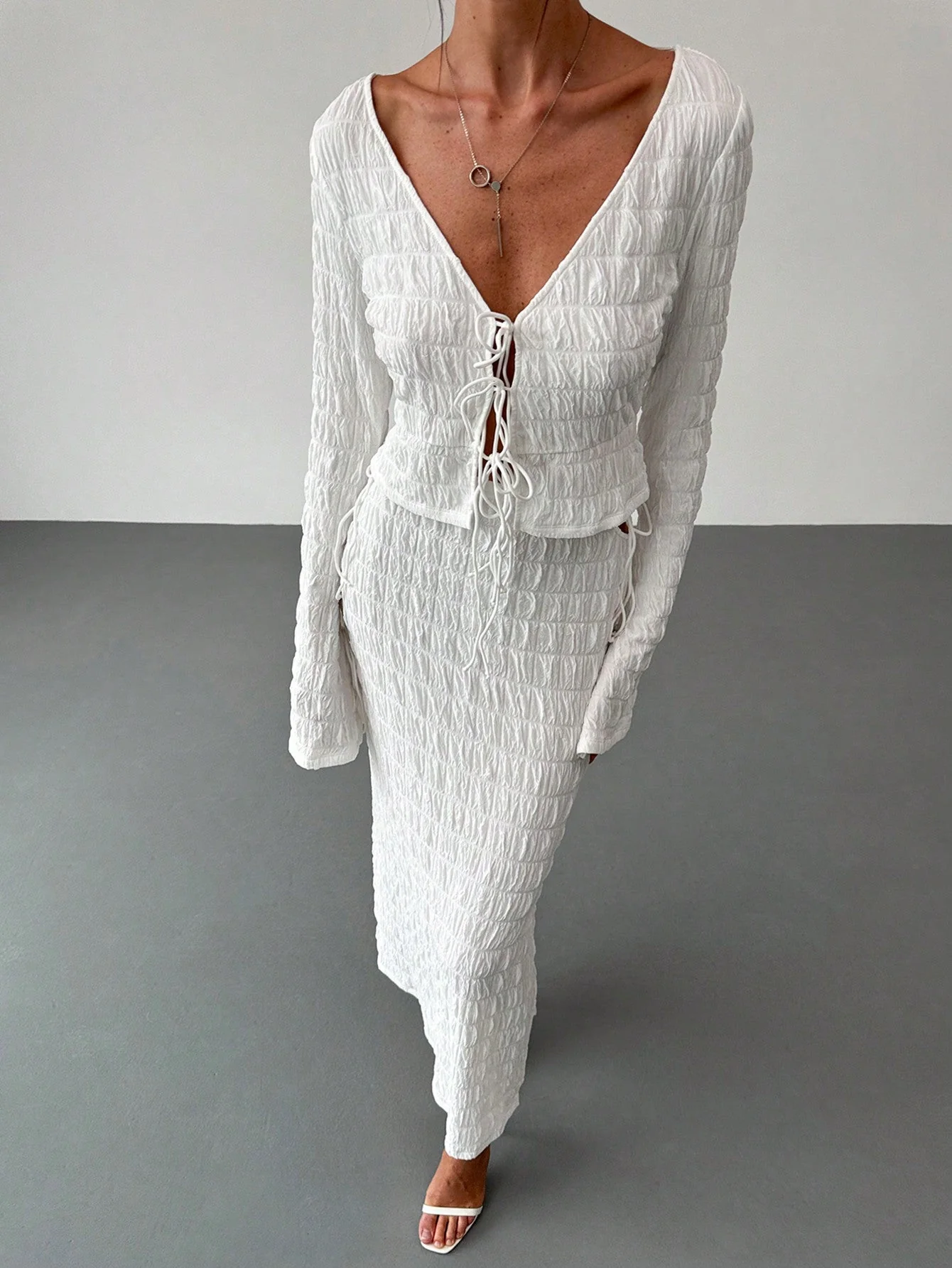 Women's Elegant And Chic V Neck Tie Front Crop Top And Low Rise Low Waist Textured Skirt Two Piece Set Long Sleeve Shirt With Skirt Sets Women Skirt Set Fall Women Skirts Casual Two Piece SetFall Two Piece Sets - Image 2