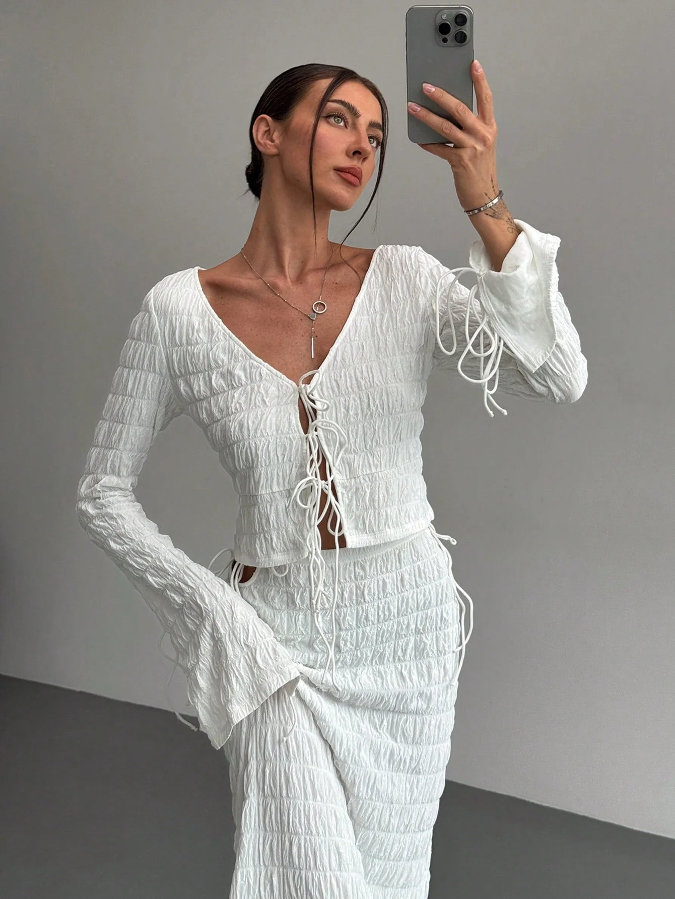 Women's Elegant And Chic V Neck Tie Front Crop Top And Low Rise Low Waist Textured Skirt Two Piece Set Long Sleeve Shirt With Skirt Sets Women Skirt Set Fall Women Skirts Casual Two Piece SetFall Two Piece Sets - Image 4