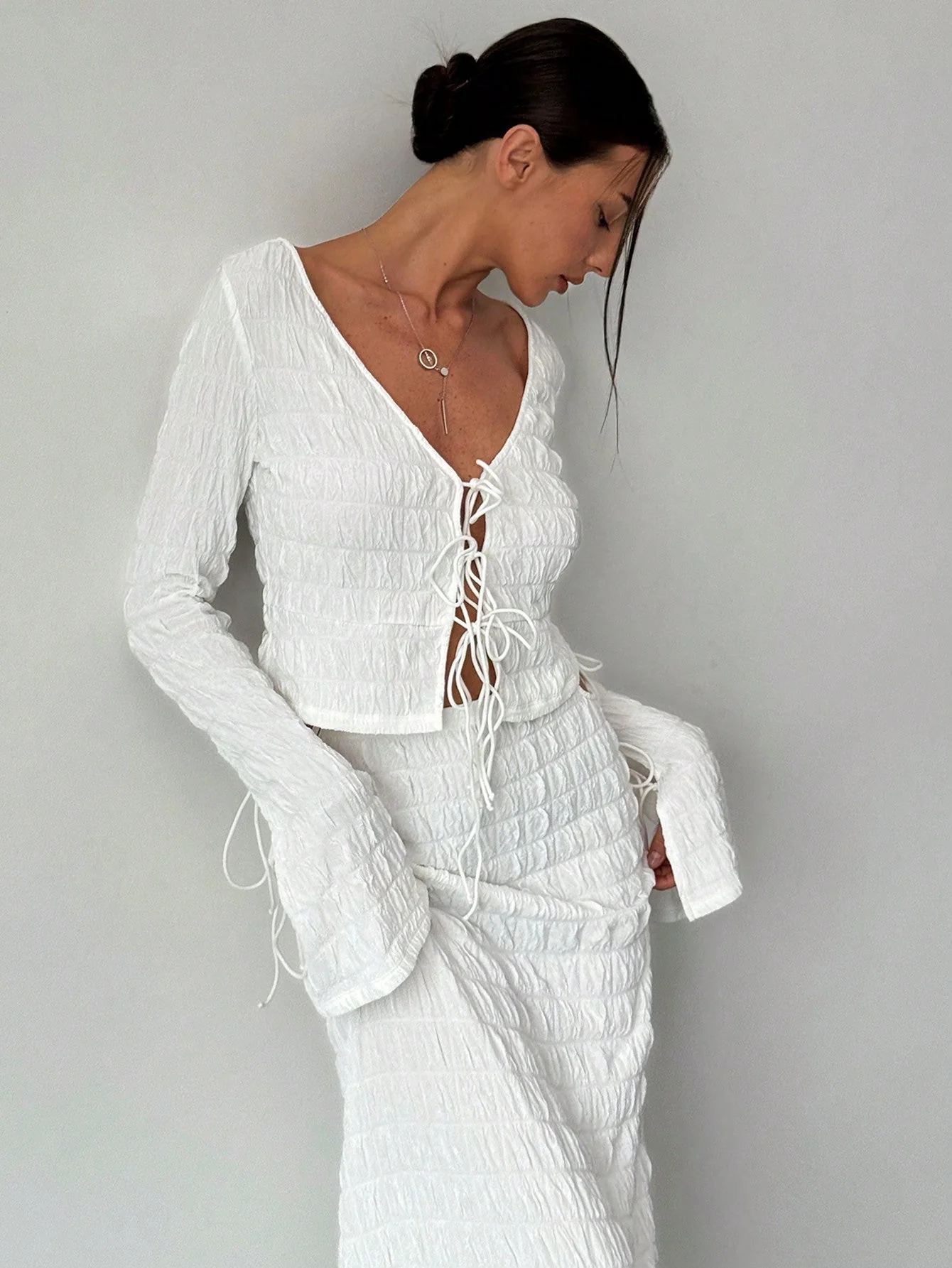 Women's Elegant And Chic V Neck Tie Front Crop Top And Low Rise Low Waist Textured Skirt Two Piece Set Long Sleeve Shirt With Skirt Sets Women Skirt Set Fall Women Skirts Casual Two Piece SetFall Two Piece Sets - Image 6