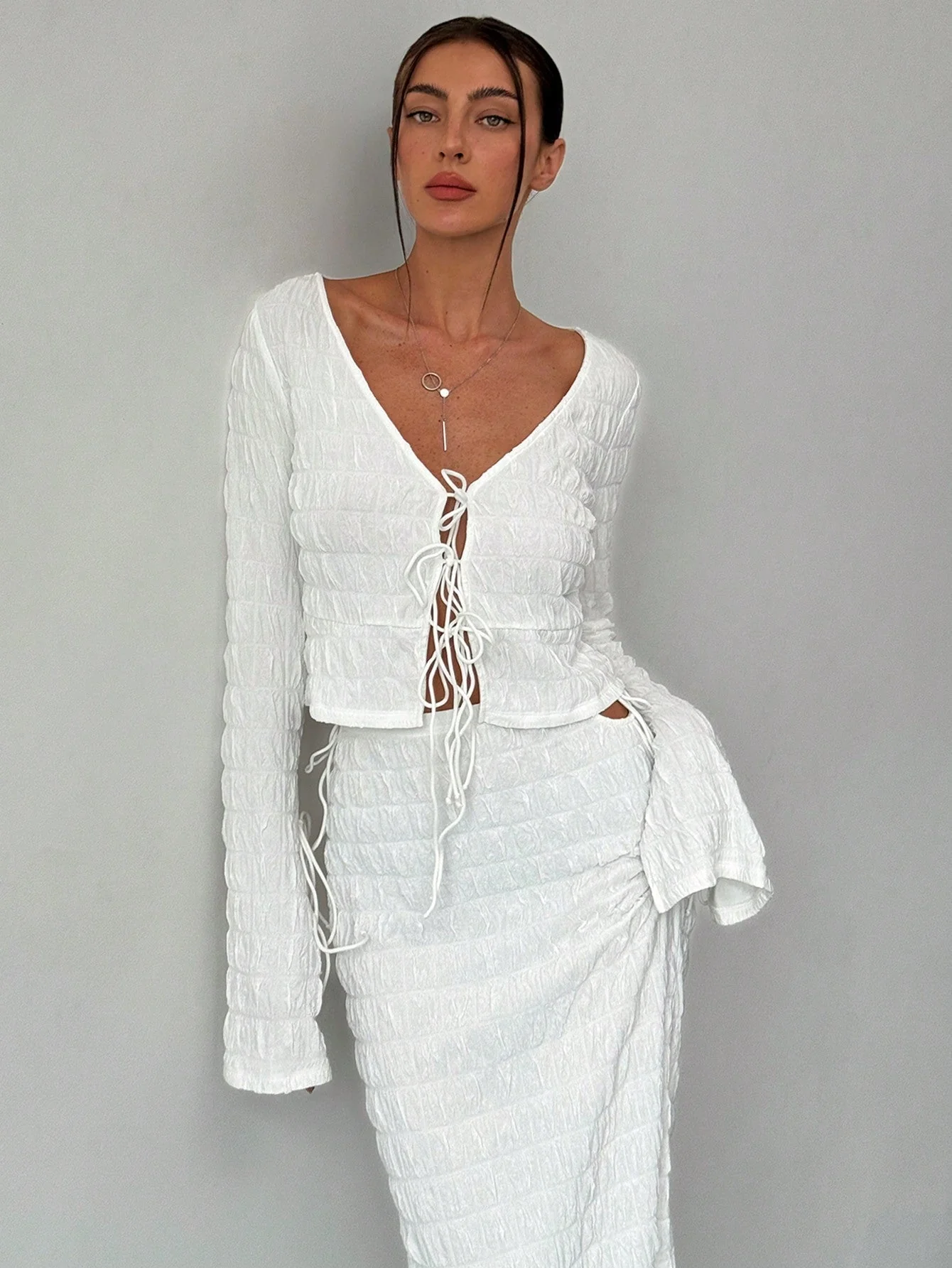 Women's Elegant And Chic V Neck Tie Front Crop Top And Low Rise Low Waist Textured Skirt Two Piece Set Long Sleeve Shirt With Skirt Sets Women Skirt Set Fall Women Skirts Casual Two Piece SetFall Two Piece Sets - Image 7