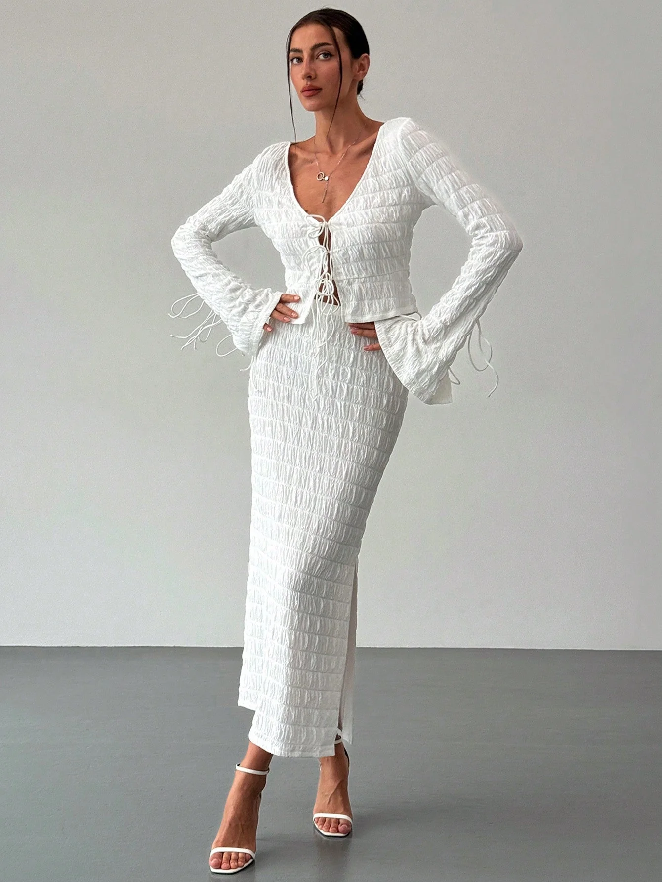 Women's Elegant And Chic V Neck Tie Front Crop Top And Low Rise Low Waist Textured Skirt Two Piece Set Long Sleeve Shirt With Skirt Sets Women Skirt Set Fall Women Skirts Casual Two Piece SetFall Two Piece Sets - Image 9
