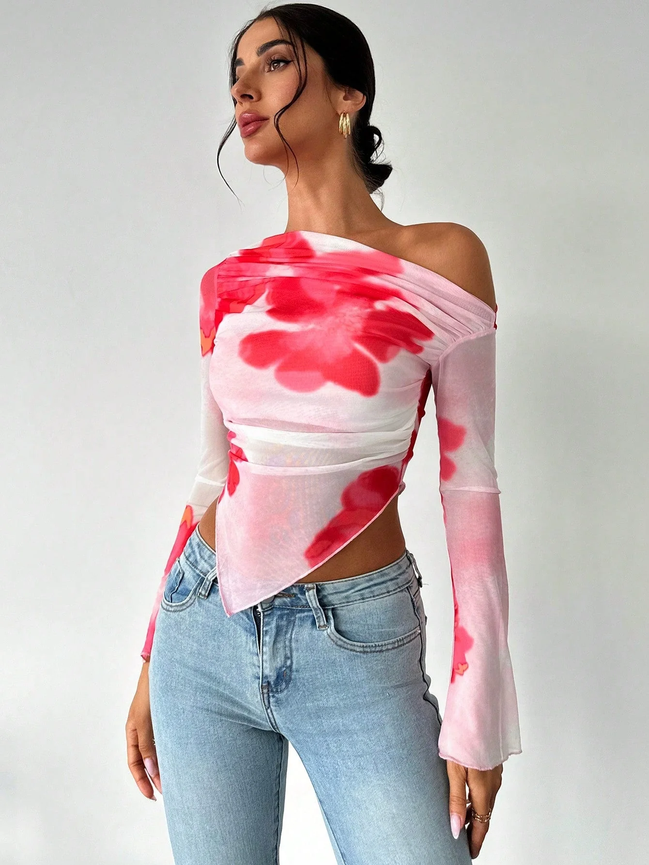 Women's Elegant Asymmetric Hem Tie-Dye Gradient Print Open Shoulder Long Sleeve T-Shirt, Graphic Tee