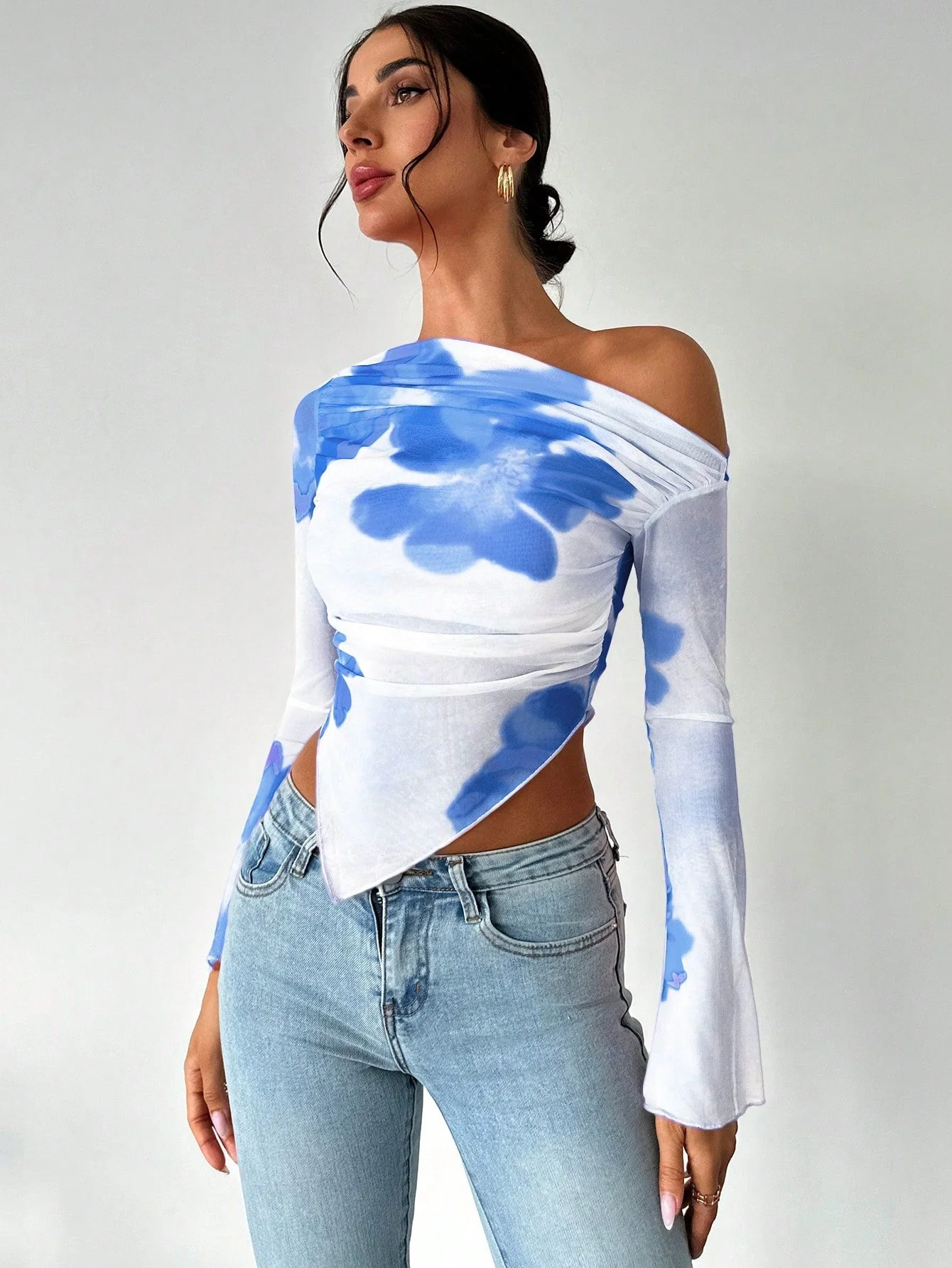 Women's Elegant Asymmetric Hem Tie-Dye Gradient Print Open Shoulder Long Sleeve T-Shirt, Graphic Tee - Image 11