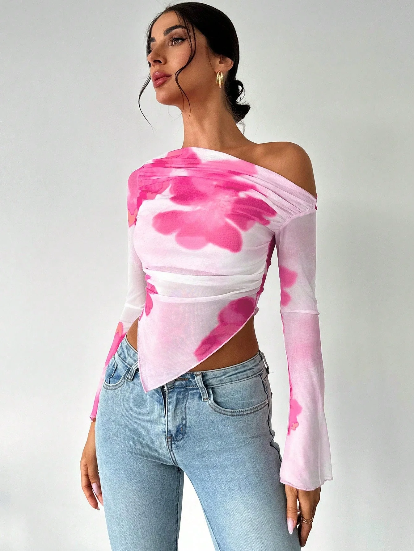 Women's Elegant Asymmetric Hem Tie-Dye Gradient Print Open Shoulder Long Sleeve T-Shirt, Graphic Tee - Image 12