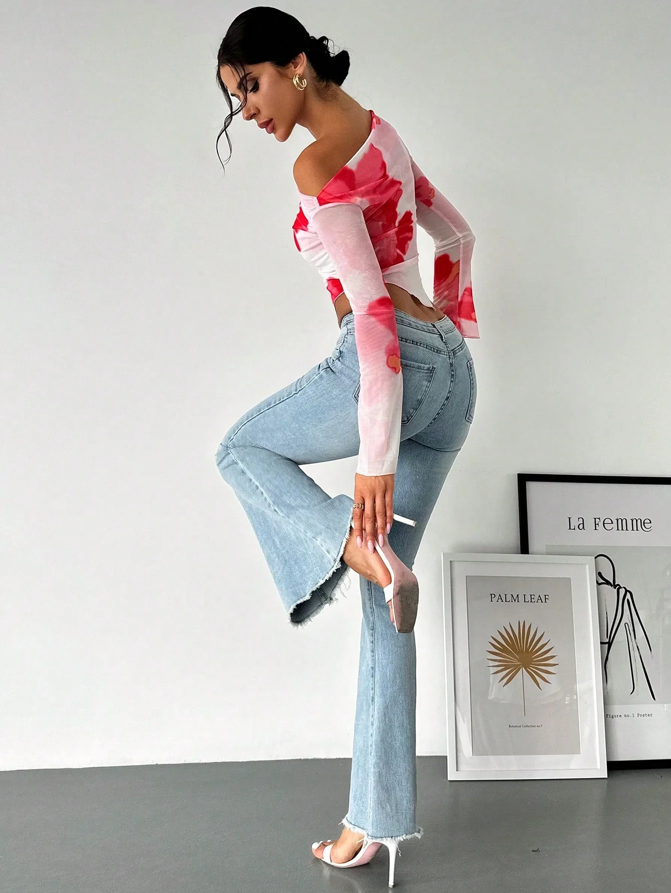 Women's Elegant Asymmetric Hem Tie-Dye Gradient Print Open Shoulder Long Sleeve T-Shirt, Graphic Tee - Image 5