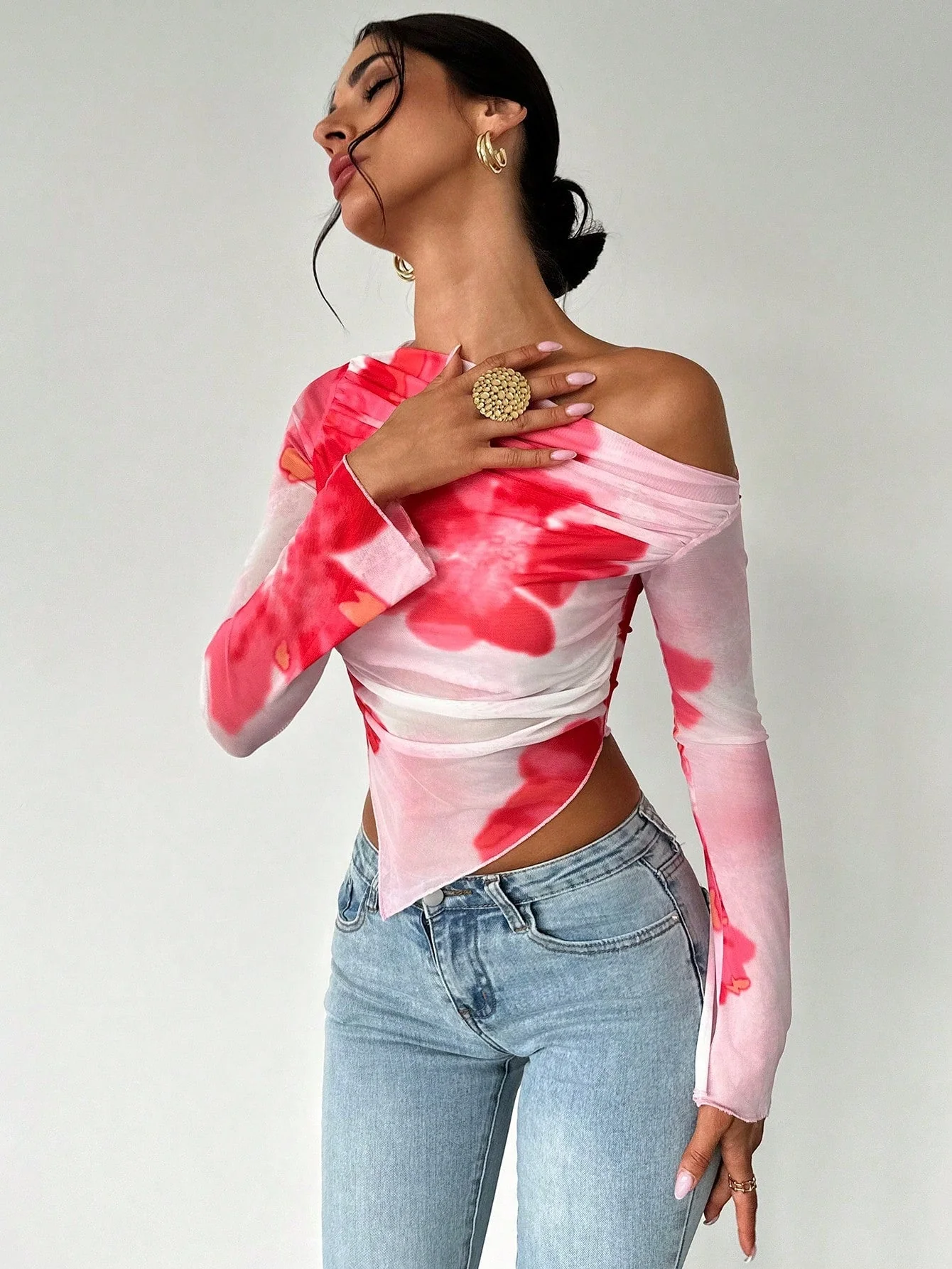 Women's Elegant Asymmetric Hem Tie-Dye Gradient Print Open Shoulder Long Sleeve T-Shirt, Graphic Tee - Image 6