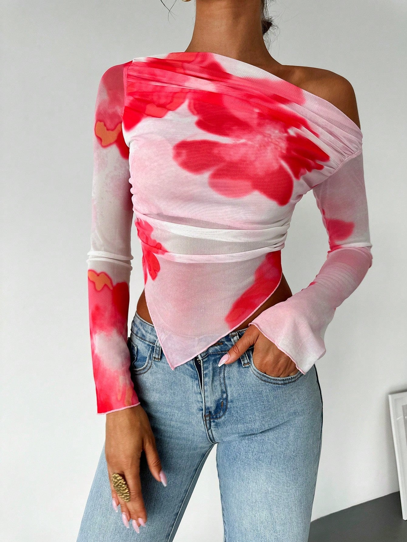 Women's Elegant Asymmetric Hem Tie-Dye Gradient Print Open Shoulder Long Sleeve T-Shirt, Graphic Tee - Image 7