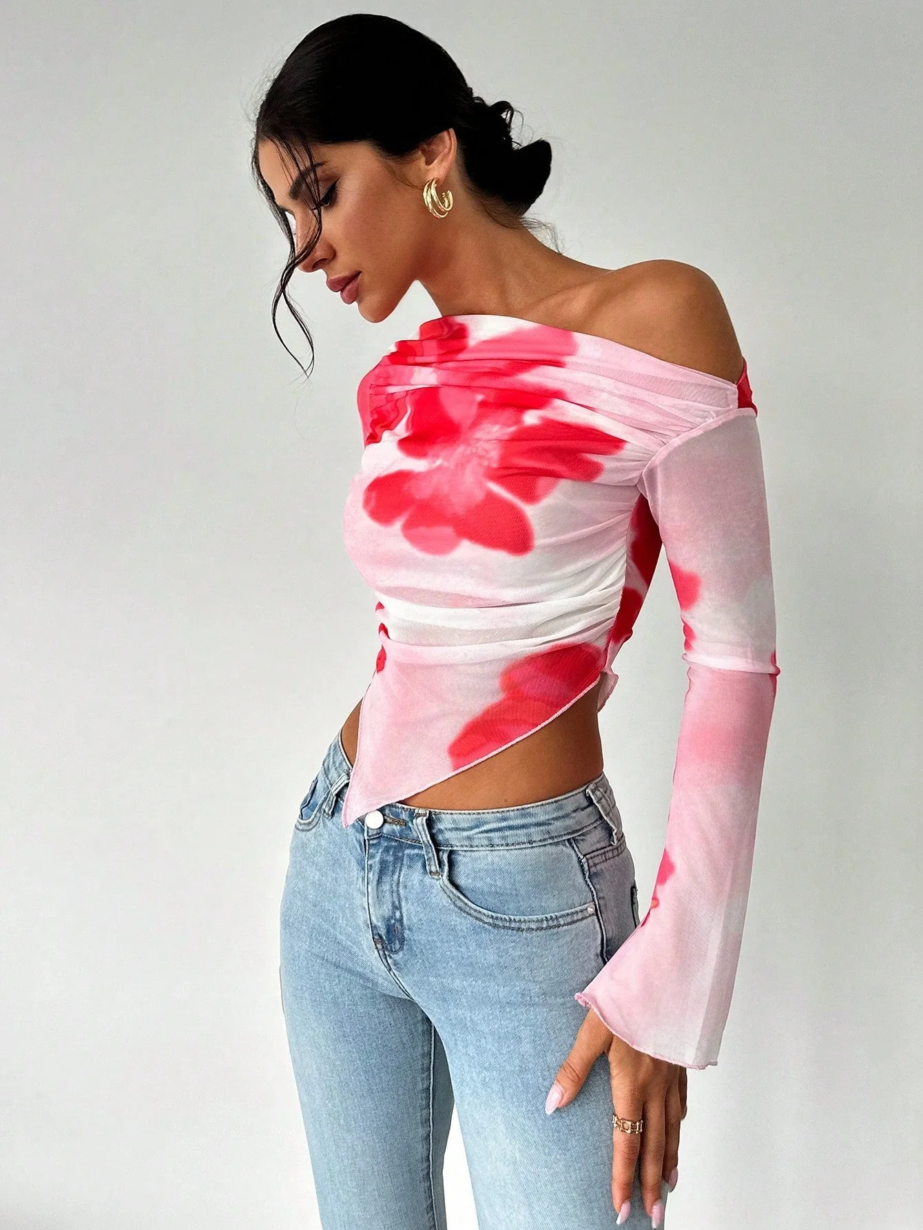 Women's Elegant Asymmetric Hem Tie-Dye Gradient Print Open Shoulder Long Sleeve T-Shirt, Graphic Tee - Image 8